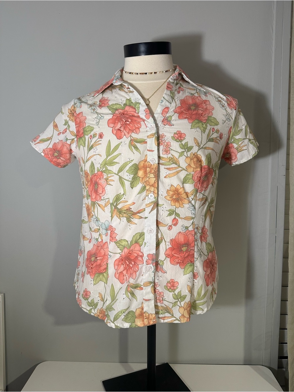 Short Sleeve Floral Button-Up Blouse